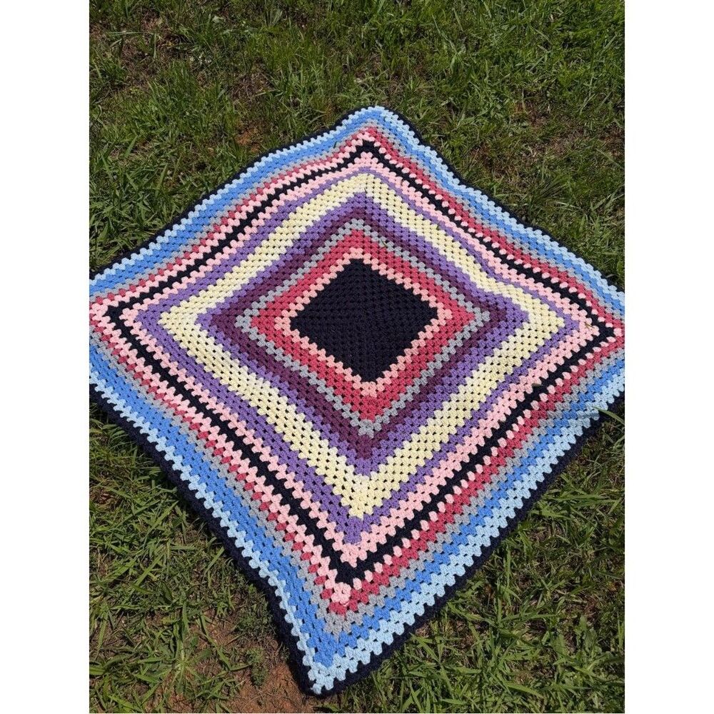 Handmade Crochet Granny Square Throw Blanket Pink Blue Purple Lap Blanket 41x41
